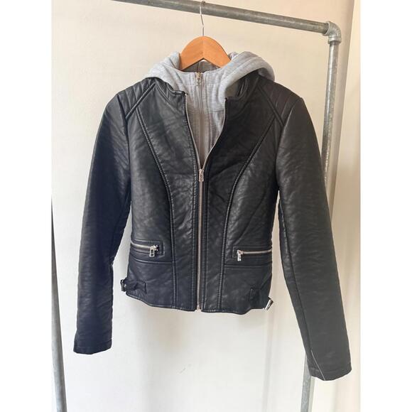 Wildflower Women's Black Faux Leather Jacket with Grey Hoodie Insert XS - Picture 6 of 6